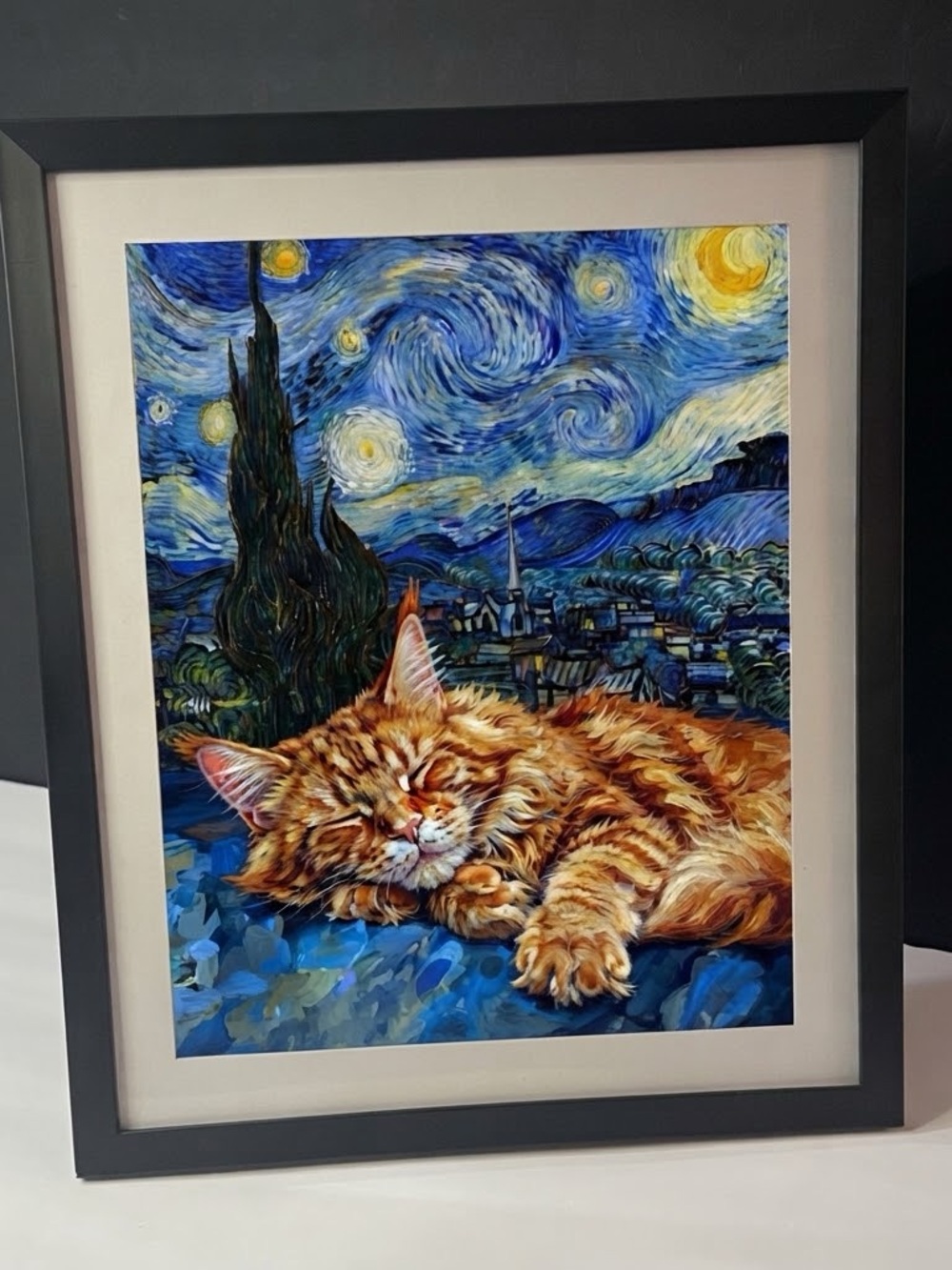 Sleeping Maine Coon Cat in Van Gogh’s Starry Night – 8x10 art Print